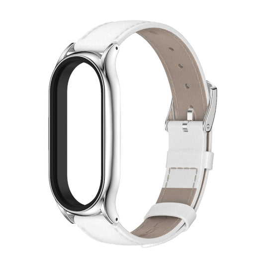 For Xiaomi Mi Band 8 Mijobs Plus Case Genuine Leather Watch Band(White Silver) by MIJOBS