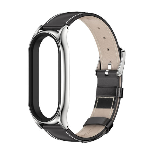 For Xiaomi Mi Band 8 Mijobs Plus Case Genuine Leather Watch Band(Black Silver) by MIJOBS