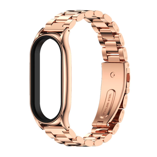 For Xiaomi Mi Band 8 Mijobs Plus Case Three Bead Metal Stainless Steel Watch Band(Rose Gold) by MIJOBS