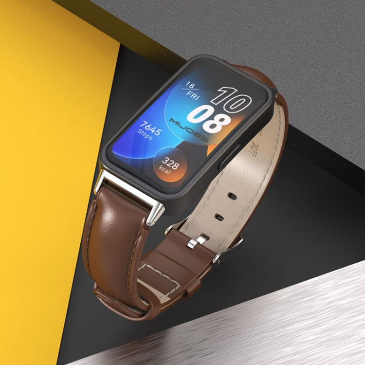 For Huawei Band 8 / 9 / 10 Mijobs Cowhide Leather Watch Band(Brown Silver) by MIJOBS