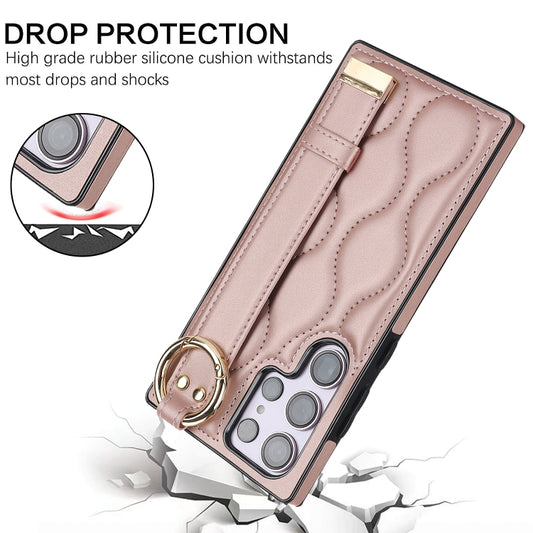 For Samsung Galaxy S23 Ultra Non-slip Full Coverage Ring PU Phone Case with Wristband(Rose Gold) by buy2fix