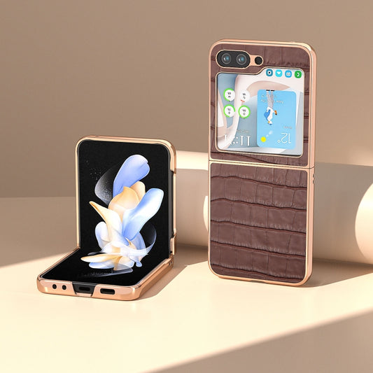 For Samsung Galaxy Z Flip5 Crocodile Texture Genuine Leather Electroplating Phone Case(Brown) by buy2fix