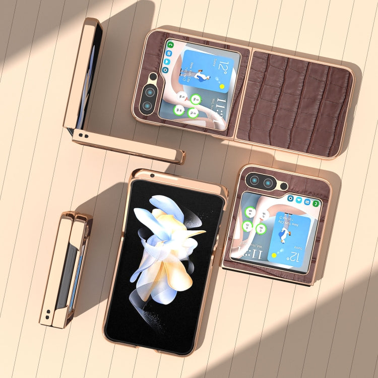 For Samsung Galaxy Z Flip5 Crocodile Texture Genuine Leather Electroplating Phone Case(Brown) by buy2fix