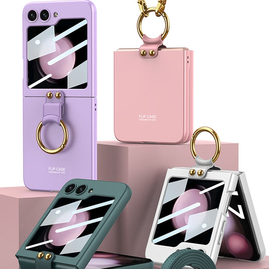 For Samsung Galaxy Z Flip5 GKK Ultra-thin PC Full Coverage Ring Holder Phone Case with Strap(Pink) by GKK