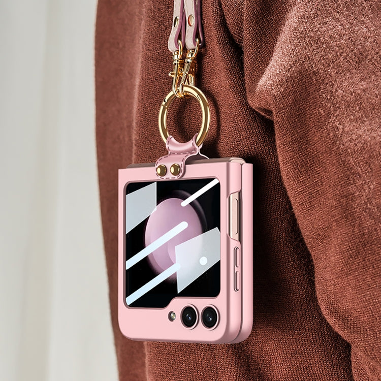 For Samsung Galaxy Z Flip5 GKK Ultra-thin PC Full Coverage Ring Holder Phone Case with Strap(Pink) by GKK