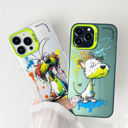 For iPhone 15 Pro Max Double Layer Color Silver Series Animal Oil Painting Phone Case(Green Cat) by buy2fix