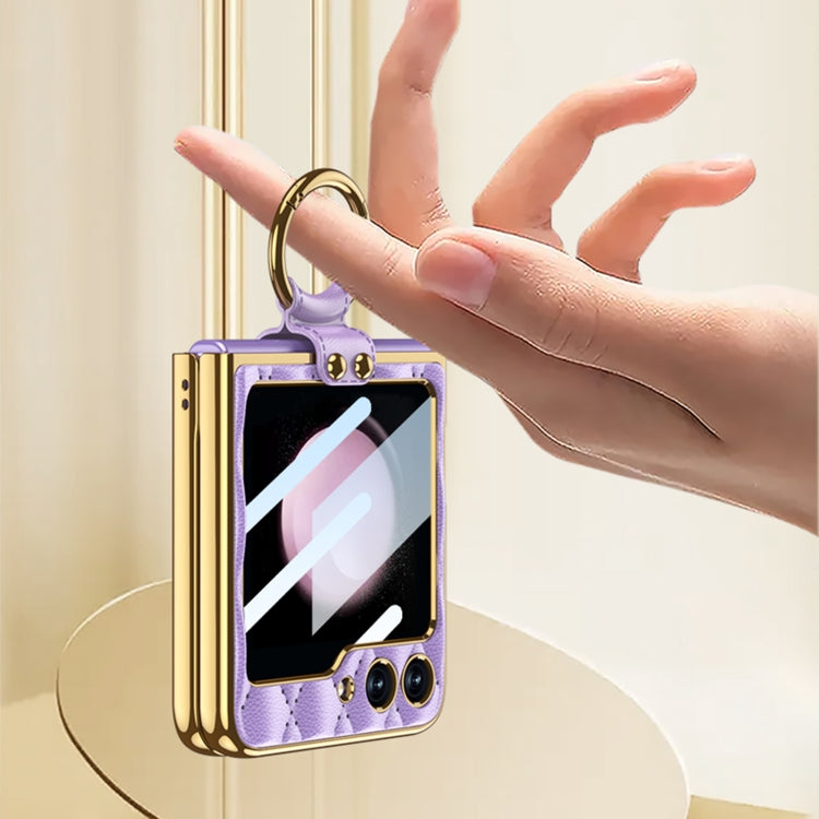 For Samsung Galaxy Z Flip5 GKK Integrated Plating Diamond Texture PU Phone Case with Ring(Green) by GKK