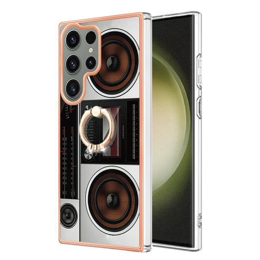 For Samsung Galaxy S23 Ultra 5G Electroplating Dual-side IMD Phone Case with Ring Holder(Retro Radio) by buy2fix