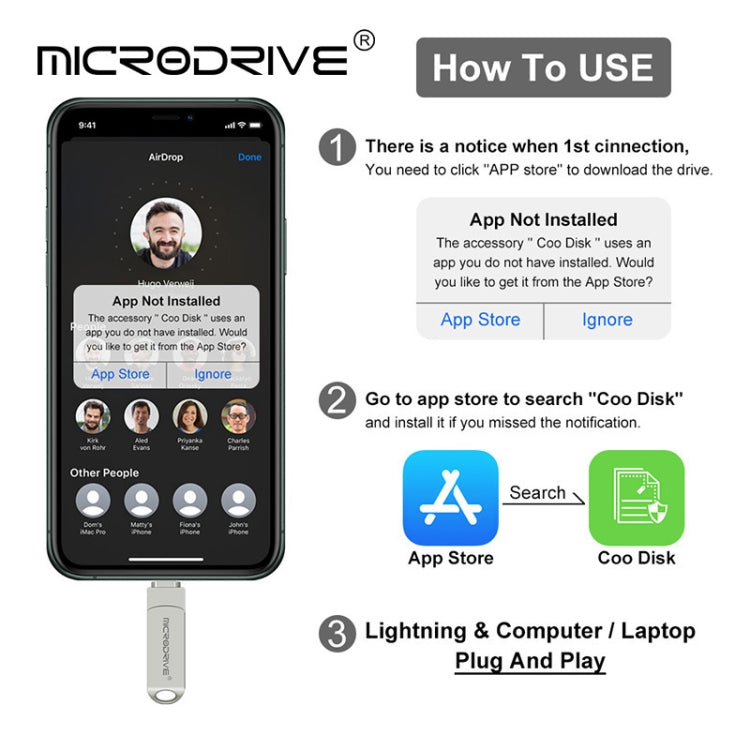 MicroDrive 2 In 1 8 Pin + USB 2.0 Portable Metal USB Flash Disk, Capacity:32GB(Silver) by MICRODRIVE
