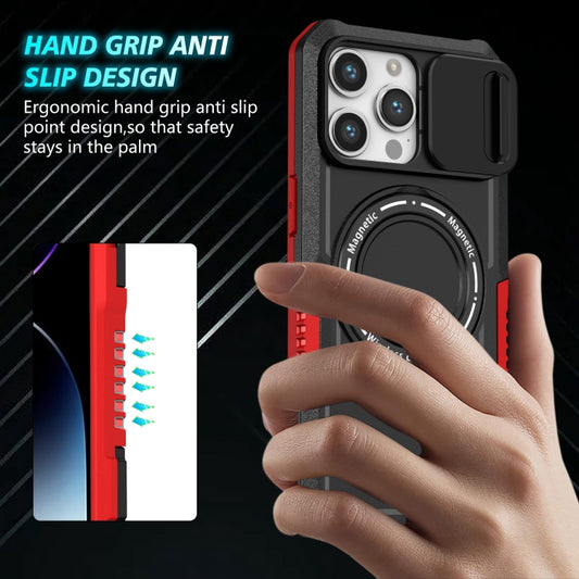For iPhone 15 Pro Sliding Camshield MagSafe Holder TPU Hybrid PC Phone Case(Black Red) by buy2fix