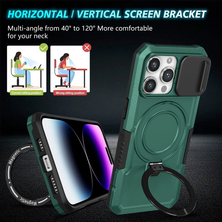 For iPhone 15 Pro Sliding Camshield MagSafe Holder TPU Hybrid PC Phone Case(Deep Green) by buy2fix