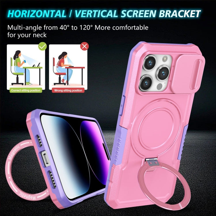 For iPhone 15 Pro Sliding Camshield MagSafe Holder TPU Hybrid PC Phone Case(Purple Pink) by buy2fix