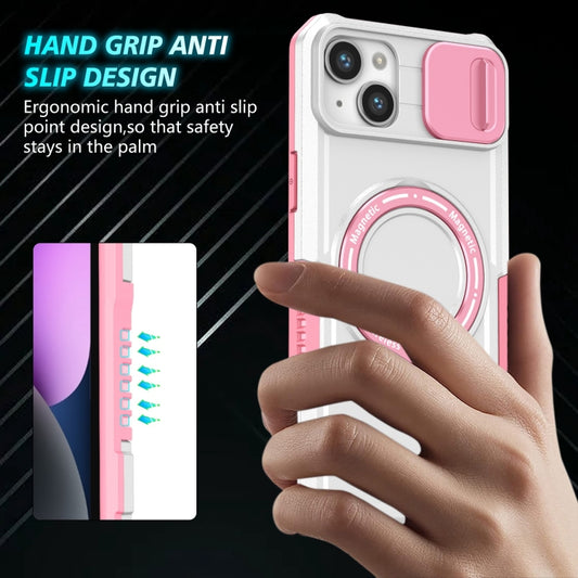For iPhone 15 Plus Sliding Camshield MagSafe Holder TPU Hybrid PC Phone Case(Pink White) by buy2fix