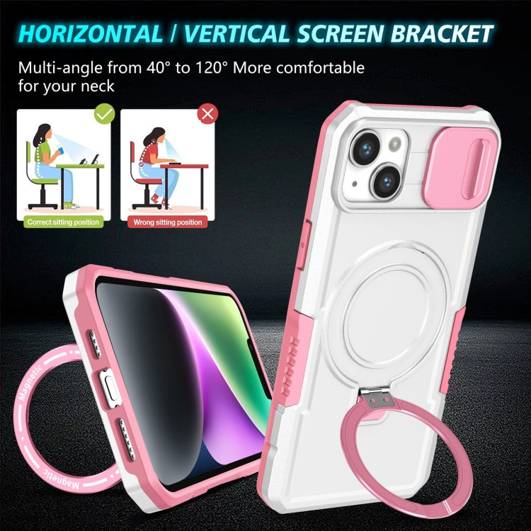 For iPhone 15 Plus Sliding Camshield MagSafe Holder TPU Hybrid PC Phone Case(Pink White) by buy2fix