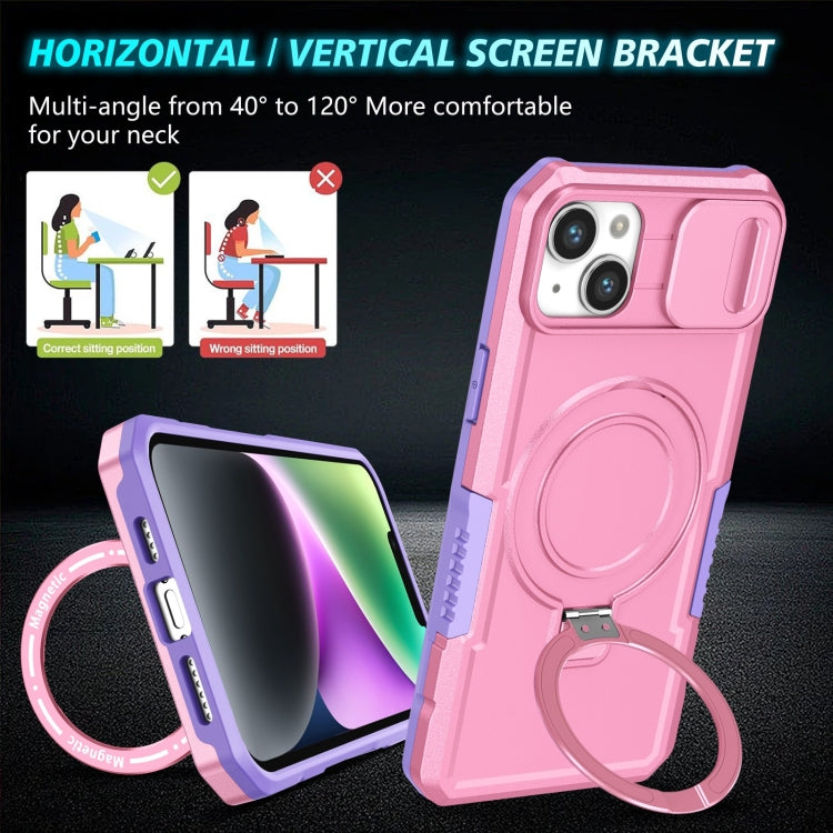 For iPhone 15 Plus Sliding Camshield MagSafe Holder TPU Hybrid PC Phone Case(Purple Pink) by buy2fix
