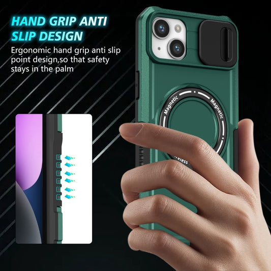 For iPhone 15 Sliding Camshield MagSafe Holder TPU Hybrid PC Phone Case(Deep Green) by buy2fix