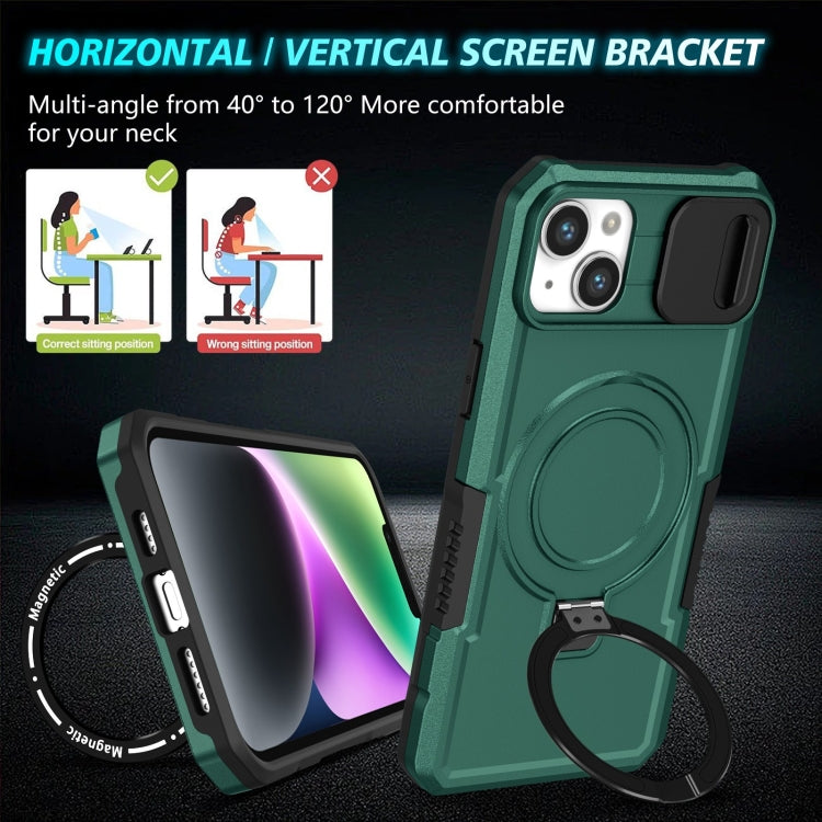 For iPhone 14 Plus Sliding Camshield MagSafe Holder TPU Hybrid PC Phone Case(Deep Green) by buy2fix