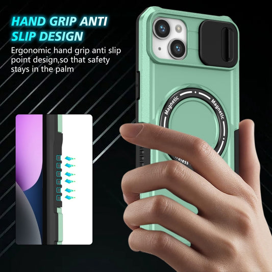 For iPhone 14 Plus Sliding Camshield MagSafe Holder TPU Hybrid PC Phone Case(Light Blue) by buy2fix