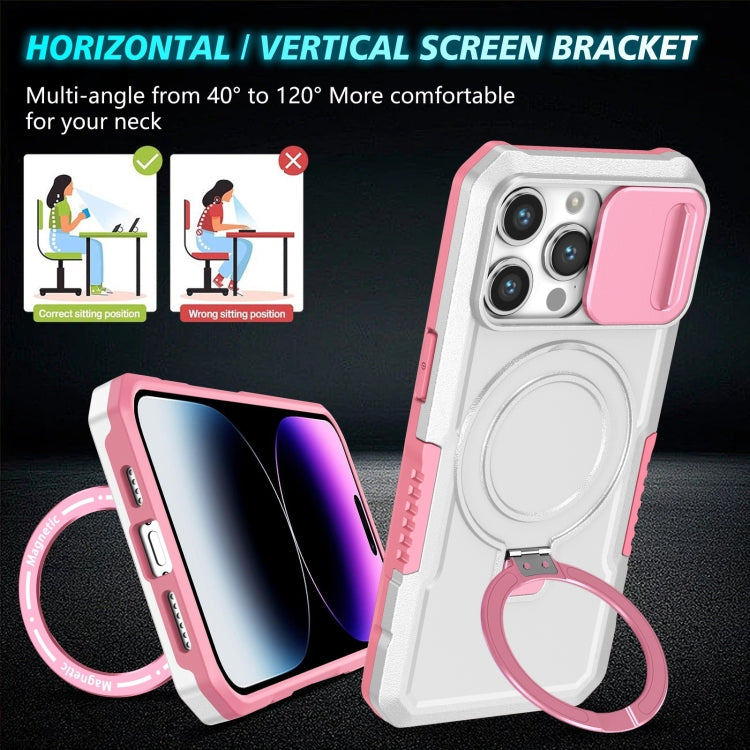 For iPhone 14 Pro Max Sliding Camshield MagSafe Holder TPU Hybrid PC Phone Case(Pink White) by buy2fix