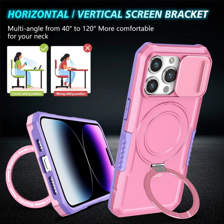 For iPhone 14 Pro Max Sliding Camshield MagSafe Holder TPU Hybrid PC Phone Case(Purple Pink) by buy2fix
