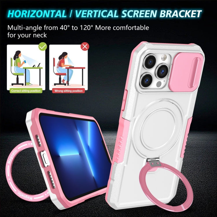 For iPhone 13 Pro Max Sliding Camshield MagSafe Holder TPU Hybrid PC Phone Case(Pink White) by buy2fix