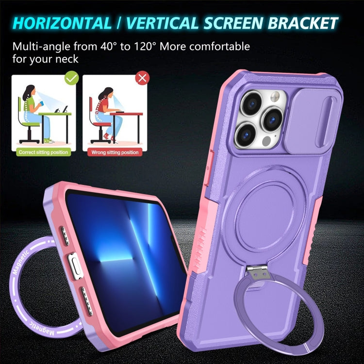 For iPhone 13 Pro Max Sliding Camshield MagSafe Holder TPU Hybrid PC Phone Case(Pink Purple) by buy2fix