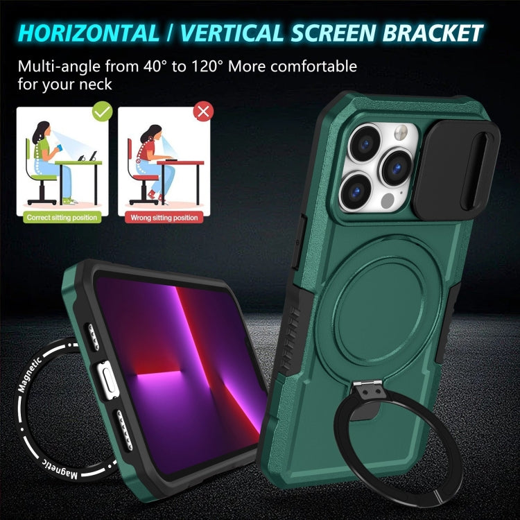 For iPhone 13 Pro Sliding Camshield MagSafe Holder TPU Hybrid PC Phone Case(Deep Green) by buy2fix