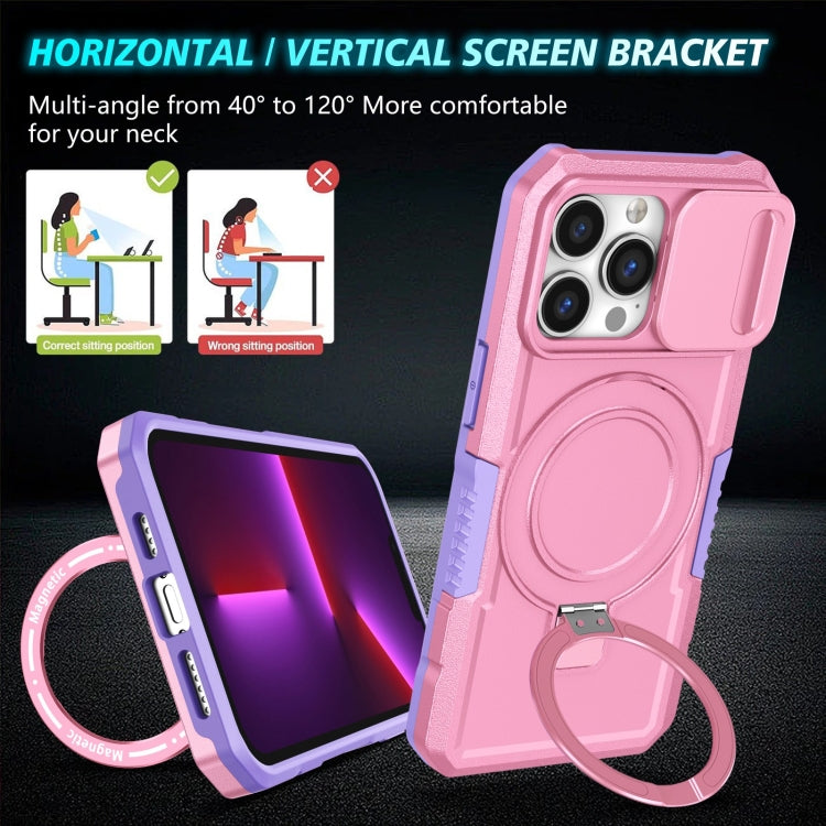 For iPhone 13 Pro Sliding Camshield MagSafe Holder TPU Hybrid PC Phone Case(Purple Pink) by buy2fix