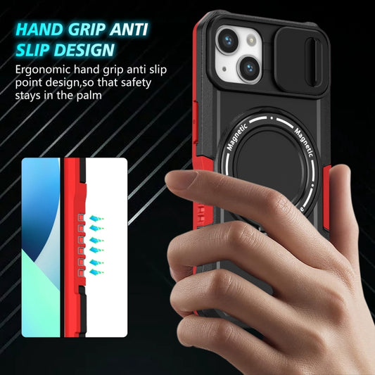 For iPhone 13 Sliding Camshield MagSafe Holder TPU Hybrid PC Phone Case(Black Red) by buy2fix