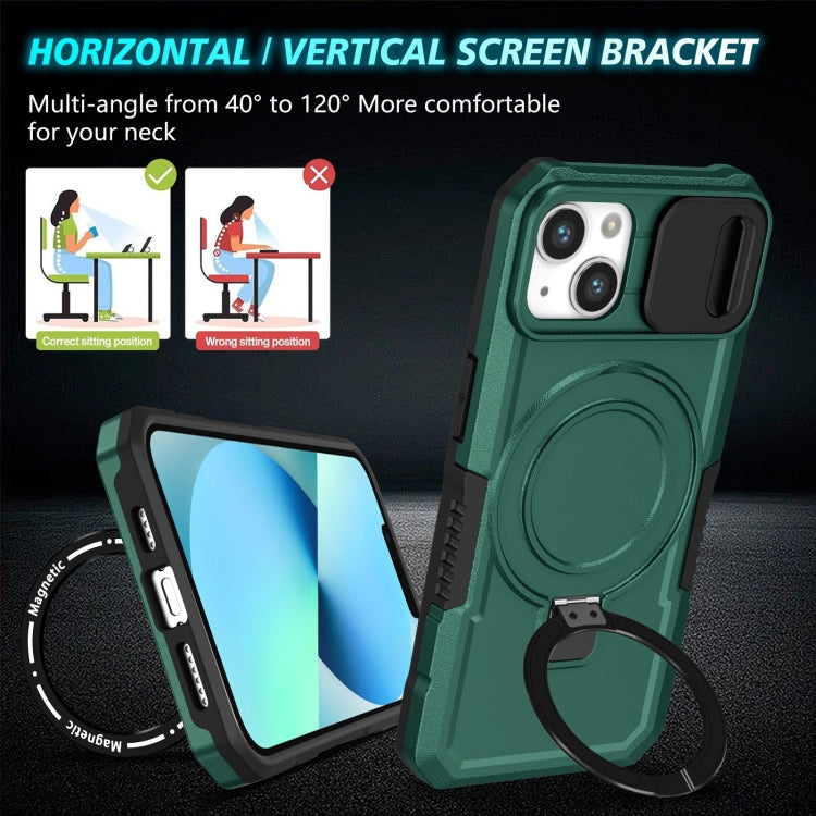 For iPhone 13 Sliding Camshield MagSafe Holder TPU Hybrid PC Phone Case(Deep Green) by buy2fix