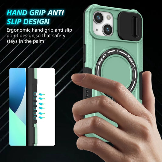 For iPhone 13 Sliding Camshield MagSafe Holder TPU Hybrid PC Phone Case(Light Blue) by buy2fix