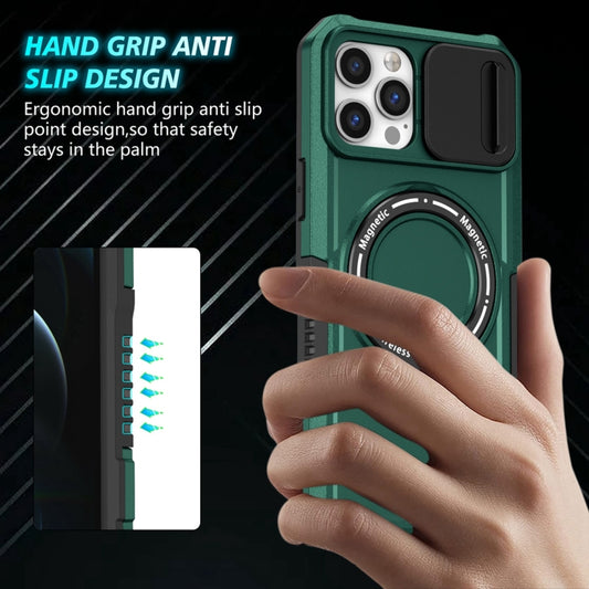For iPhone 12 Pro Max Sliding Camshield MagSafe Holder TPU Hybrid PC Phone Case(Deep Green) by buy2fix