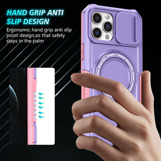 For iPhone 12 Pro Sliding Camshield MagSafe Holder TPU Hybrid PC Phone Case(Pink Purple) by buy2fix