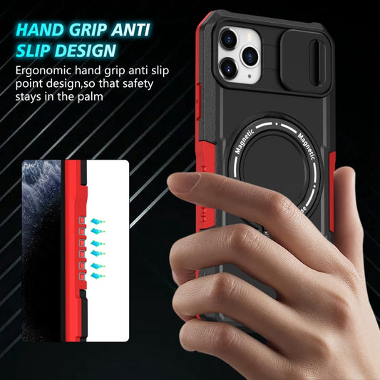 For iPhone 11 Pro Max Sliding Camshield MagSafe Holder TPU Hybrid PC Phone Case(Black Red) by buy2fix