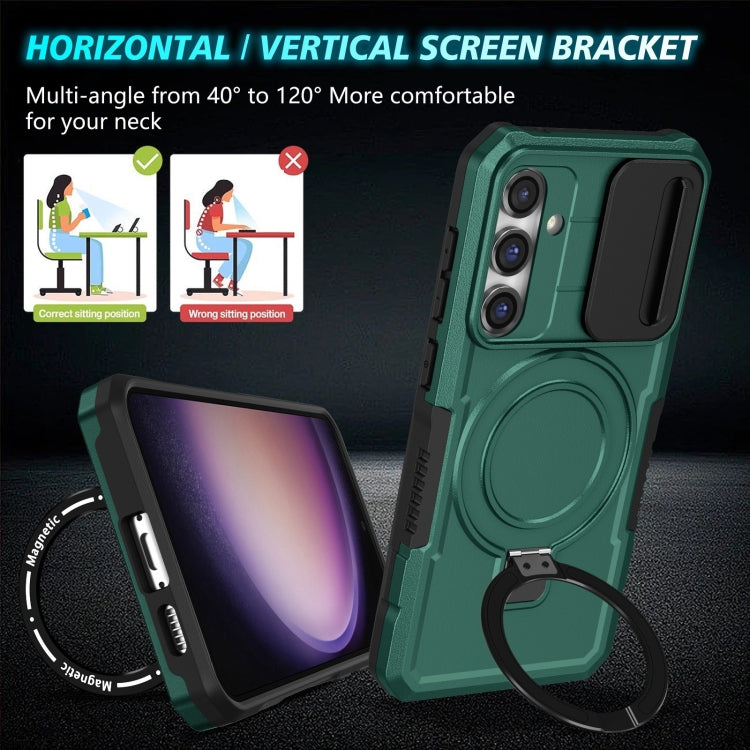 For Samsung Galaxy S23 FE 5G Sliding Camshield Magsafe Holder TPU Hybrid PC Phone Case(Deep Green) by buy2fix