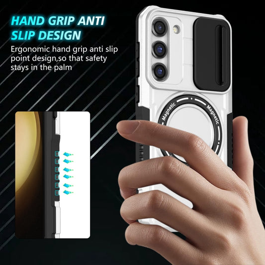 For Samsung Galaxy S23+ 5G Sliding Camshield Magsafe Holder TPU Hybrid PC Phone Case(Black White) by buy2fix