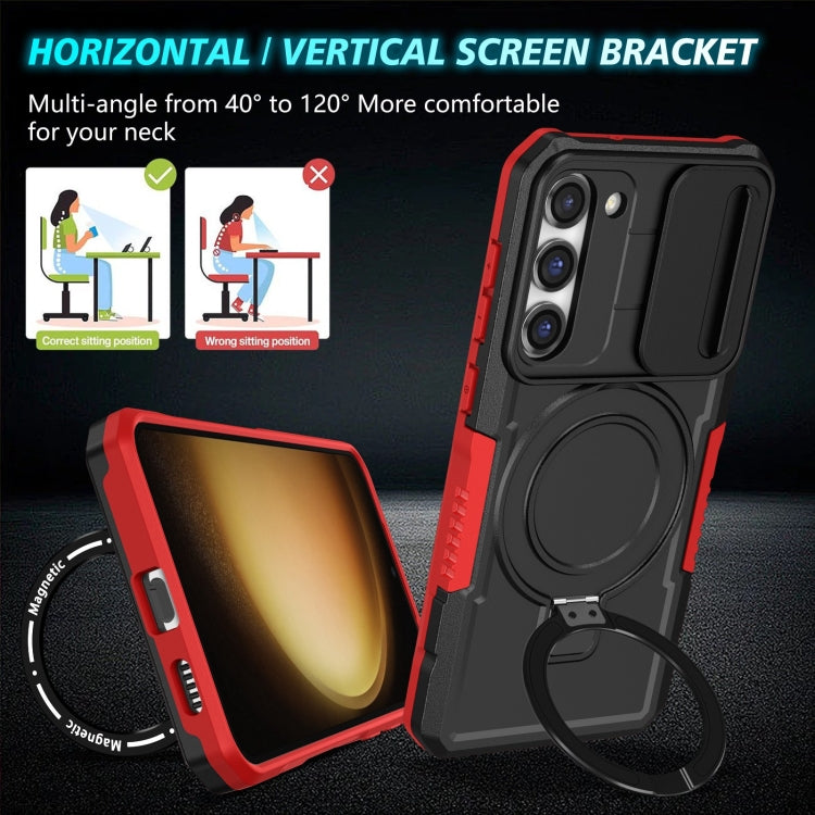 For Samsung Galaxy S23+ 5G Sliding Camshield Magsafe Holder TPU Hybrid PC Phone Case(Black Red) by buy2fix