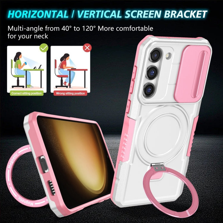For Samsung Galaxy S23 5G Sliding Camshield Magsafe Holder TPU Hybrid PC Phone Case(Pink White) by buy2fix