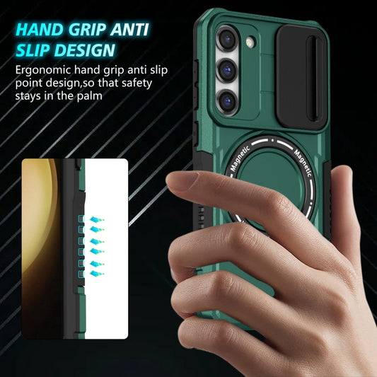 For Samsung Galaxy S23 5G Sliding Camshield Magsafe Holder TPU Hybrid PC Phone Case(Deep Green) by buy2fix