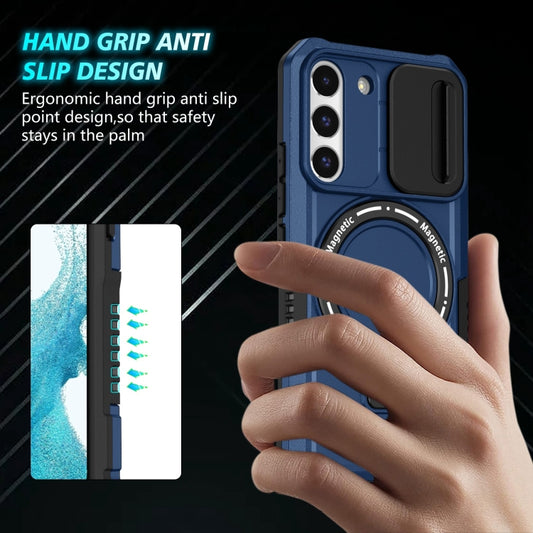 For Samsung Galaxy S22 5G Sliding Camshield Magsafe Holder TPU Hybrid PC Phone Case(Royal Blue) by buy2fix