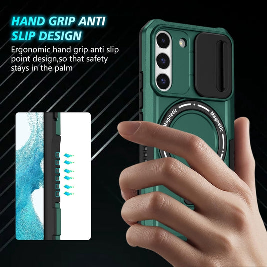 For Samsung Galaxy S22 5G Sliding Camshield Magsafe Holder TPU Hybrid PC Phone Case(Deep Green) by buy2fix
