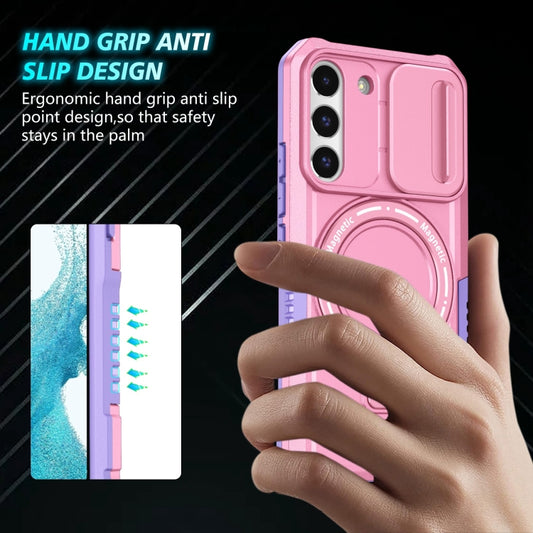 For Samsung Galaxy S22 5G Sliding Camshield Magsafe Holder TPU Hybrid PC Phone Case(Purple Pink) by buy2fix