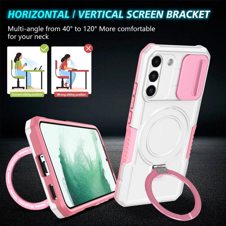 For Samsung Galaxy S22+ 5G Sliding Camshield Magsafe Holder TPU Hybrid PC Phone Case(Pink White) by buy2fix