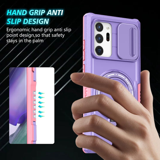 For Samsung Galaxy Note20 Ultra Sliding Camshield Magsafe Holder TPU Hybrid PC Phone Case(Pink Purple) by buy2fix