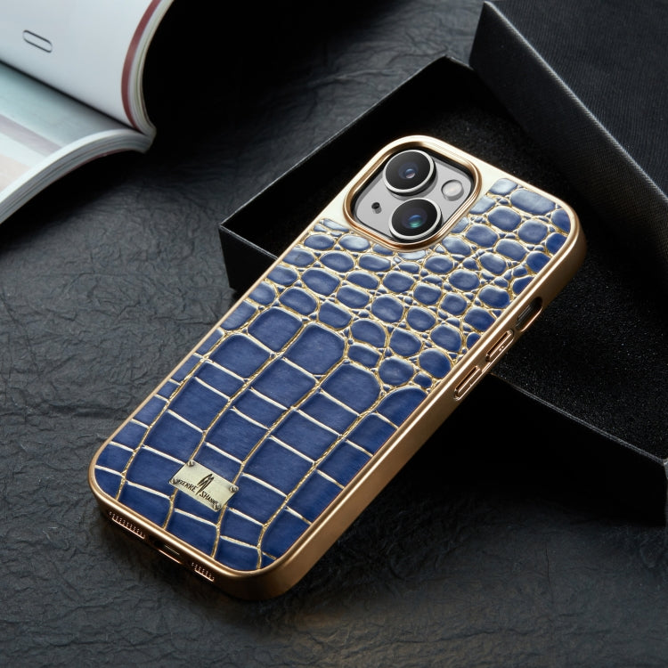 For iPhone 15 Pro Max Fierre Shann Crocodile Texture Electroplating PU Phone Case(Blue) by FIERRE SHANN