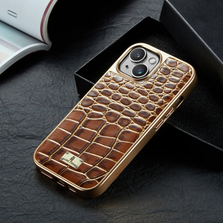 For iPhone 15 Pro Max Fierre Shann Crocodile Texture Electroplating PU Phone Case(Brown) by FIERRE SHANN