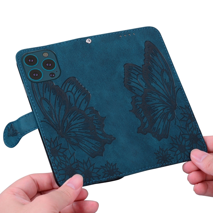 For iPhone 15 Pro Max Retro Skin Feel Butterflies Embossing Leather Phone Case(Blue) by buy2fix