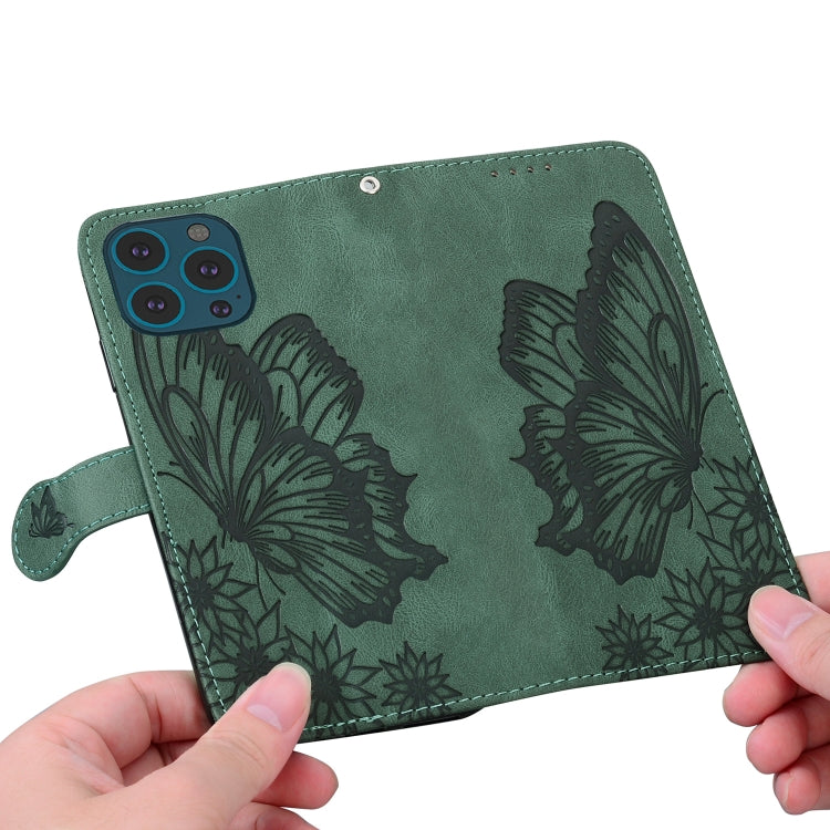 For iPhone 15 Pro Max Retro Skin Feel Butterflies Embossing Leather Phone Case(Green) by buy2fix