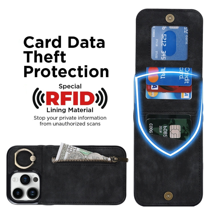 For iPhone 15 Pro Max Retro Ring and Zipper RFID Card Slot Phone Case(Black) by buy2fix