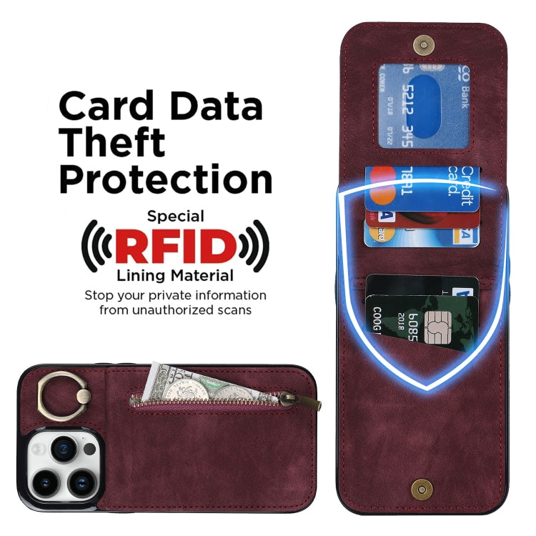 For iPhone 15 Pro Max Retro Ring and Zipper RFID Card Slot Phone Case(Wine Red) by buy2fix